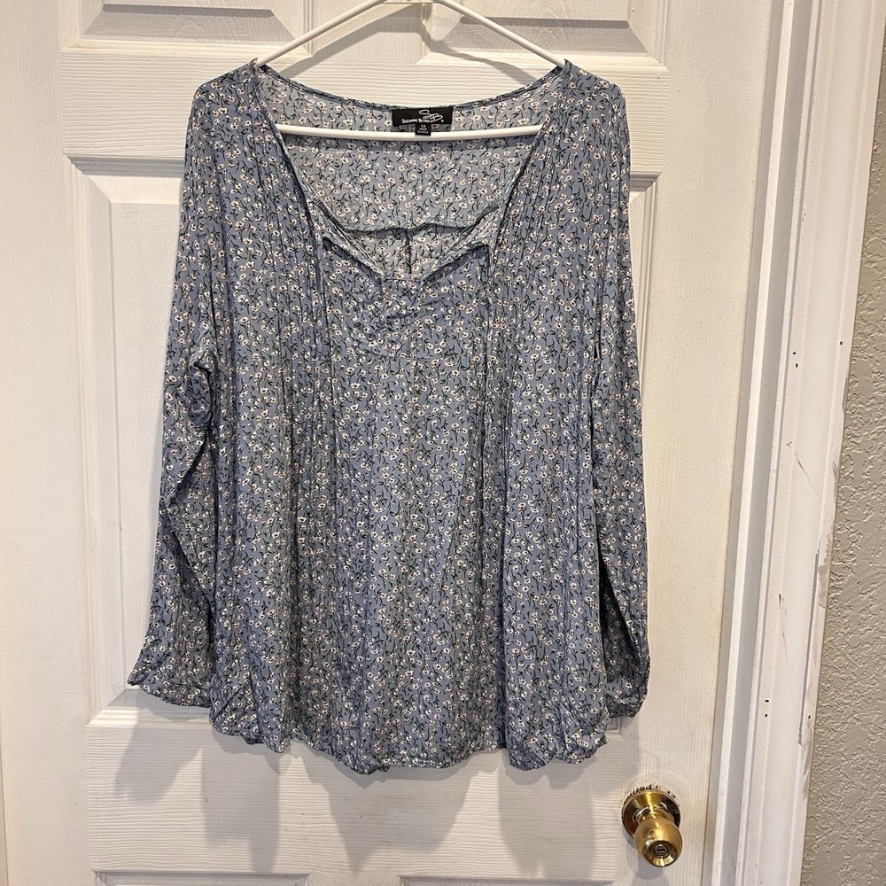 Suzanne Betro Blue Ditsy Floral Pintuck Rayon Blouse Plus 1X Long Sleeve Cottage